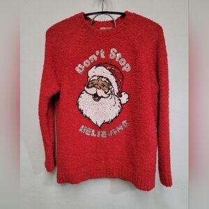 Merry Christmas By Poof! Red Sequin Santa Sweater"Don't Stop Believing" Large